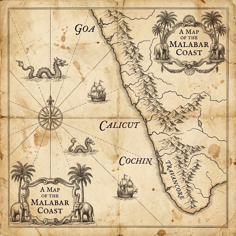 An old-style illustrated map of the Malabar coast, from Goa south to Travancore